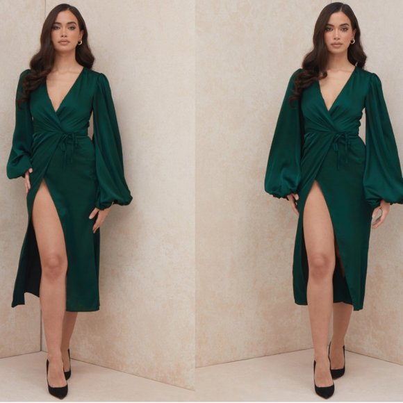 House of CB Dresses & Skirts - "SHILOH" EMERALD GREEN WRAP DRESS- HOUSE OF CB